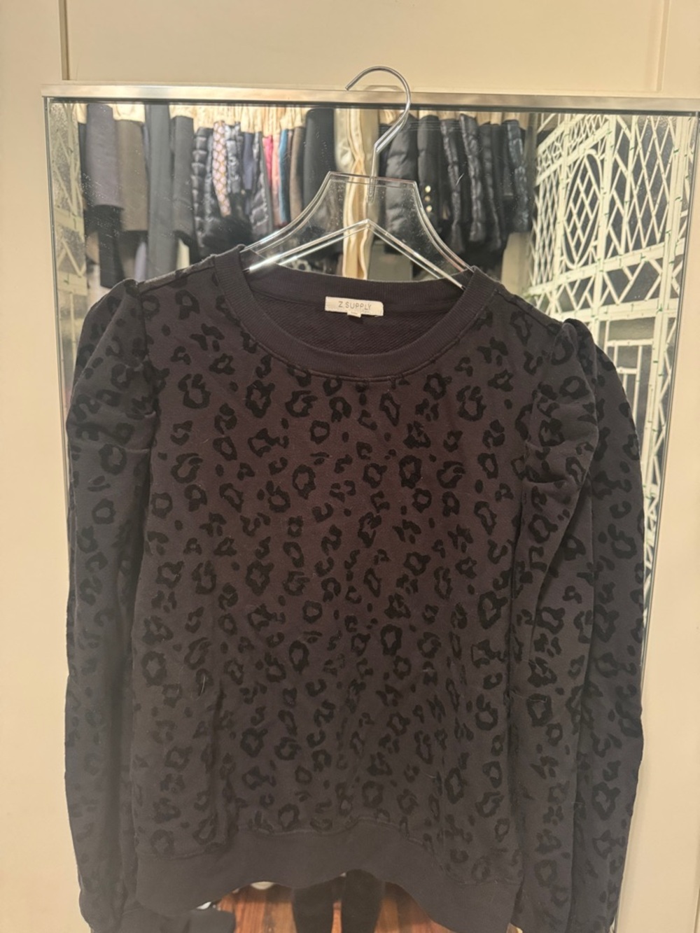 Z Supply Black Leopard Burnout Puff-Sleeve Sweatshirt